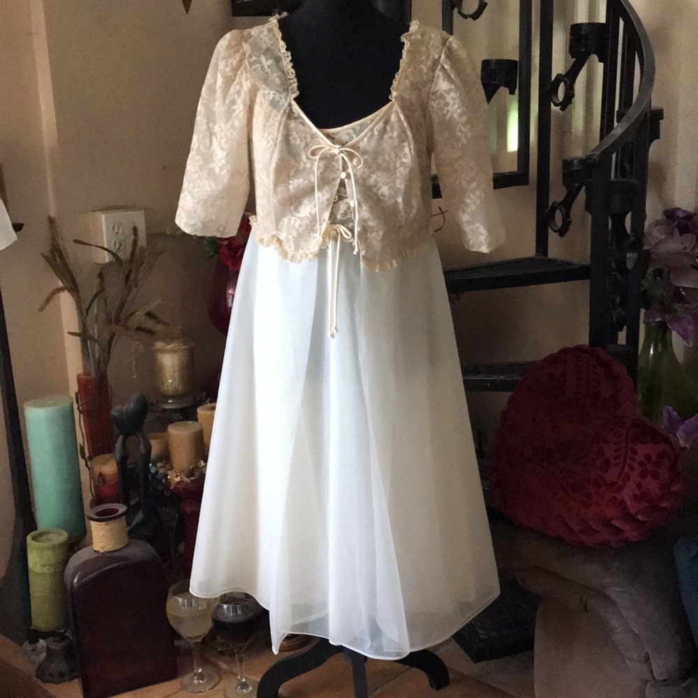 50s Vtg Ivory Chiffon Layer Formal Nightgown Robe Peignoir Lingerie Slip Dress